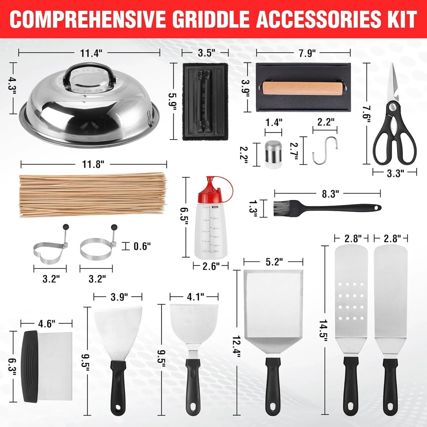 128 PCS Griddle Accessories Kit, Stainless Steel Grill Tool Set with Spatulas, Scrapers, Squeeze Bottles, Skewers, Outdoor BBQ Set for Men Women Dad