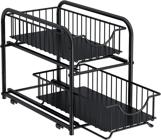 2-Tier Pull-Out Cabinet Organizer – Stackable Sliding Drawer, Black