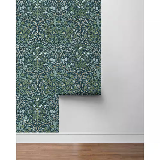 Prussian Blue and Moss Green Victorian Garden Vinyl Peel and Stick Wallpaper Roll - 31.35 Sq. Ft. 
