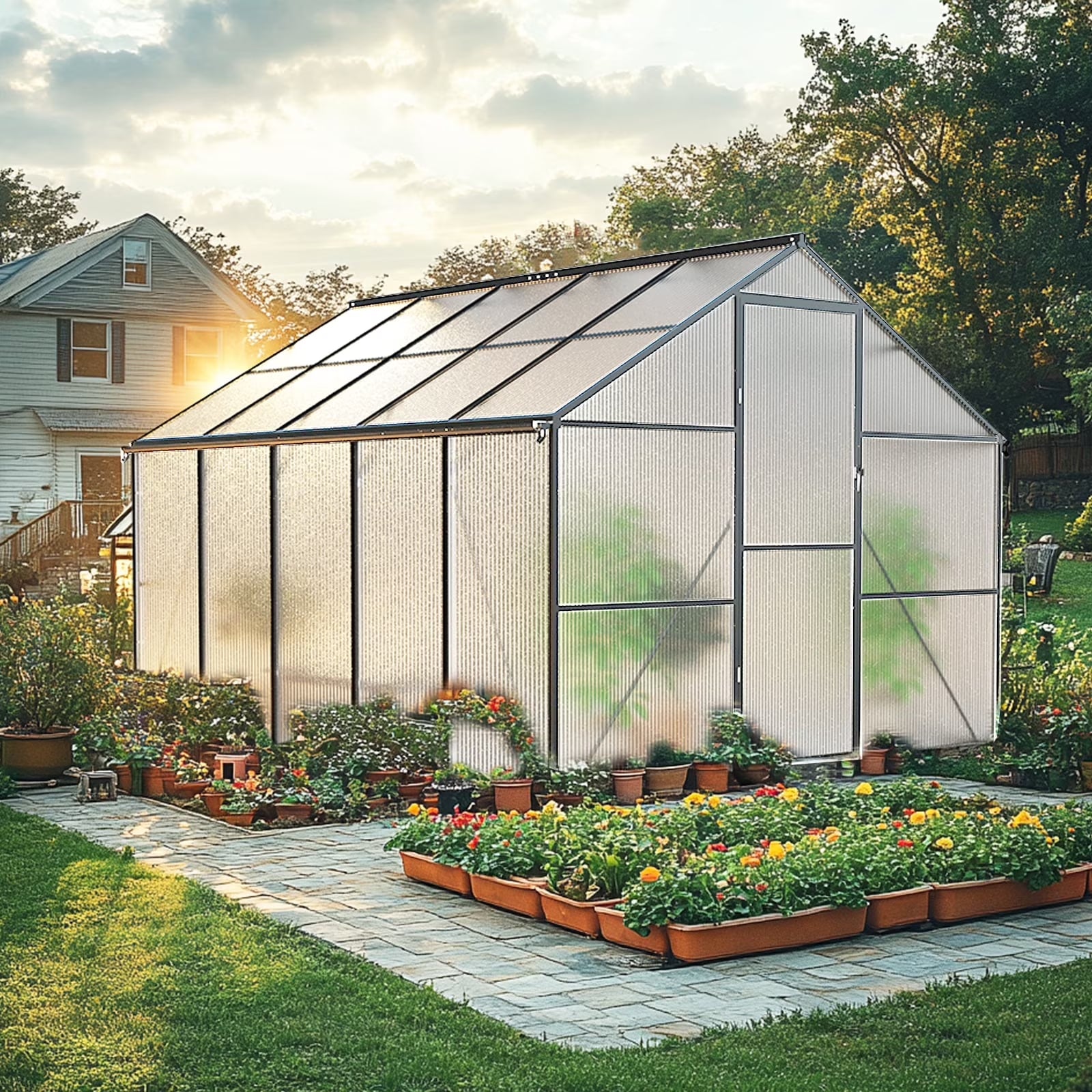 8x10 Ft Outdoor Walk-In Greenhouse – Heavy-Duty Aluminum Frame with UV-Resistant Polycarbonate Panels for Garden
