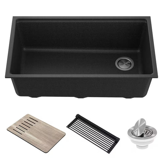 Bellucci Black Granite Composite 32 In. Single Bowl Undermount Workstation Kitchen Sink with Accessories