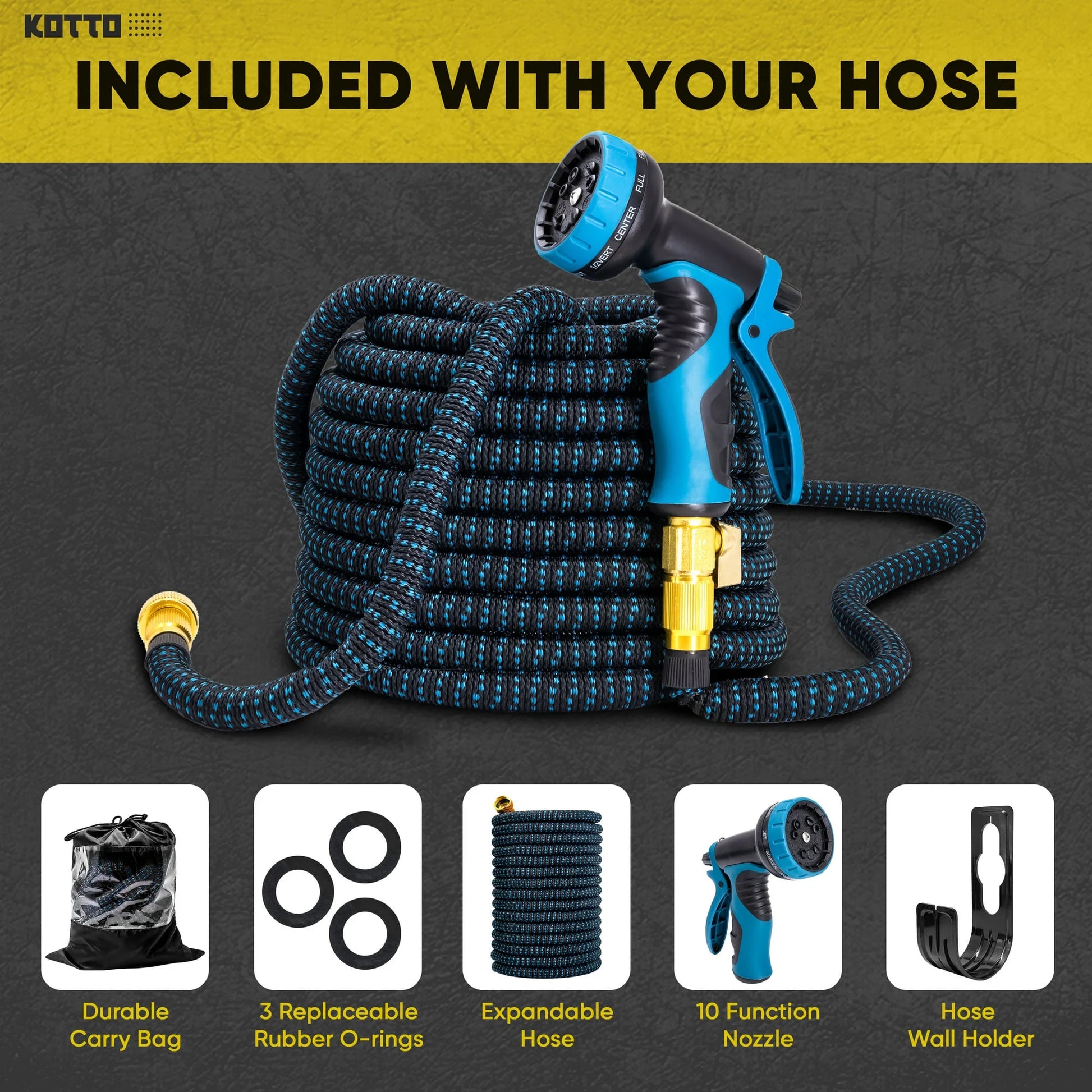 Expandable Garden Hose for outside with 10 Spray Nozzles, Hose Holder, Blue, 25 Ft
