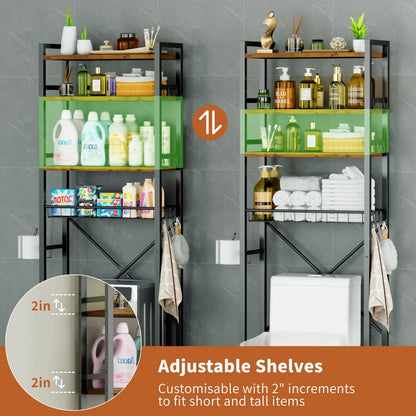 Rustic Brown 4-Tier Over-the-Toilet Storage Rack – Adjustable Shelves, 9 Hooks & Toilet Paper Holder