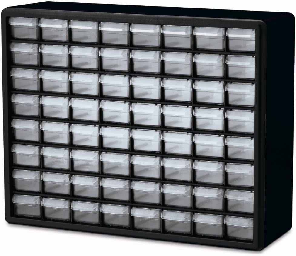 64-Drawer Plastic Drawer Storage Cabinet for Garage Organization, Bead Organizer, Building Bricks Storage, Teacher Toolbox, Makeup Organizer, 20-Inch W X 6-Inch D X 16-Inch H, 10764 Black