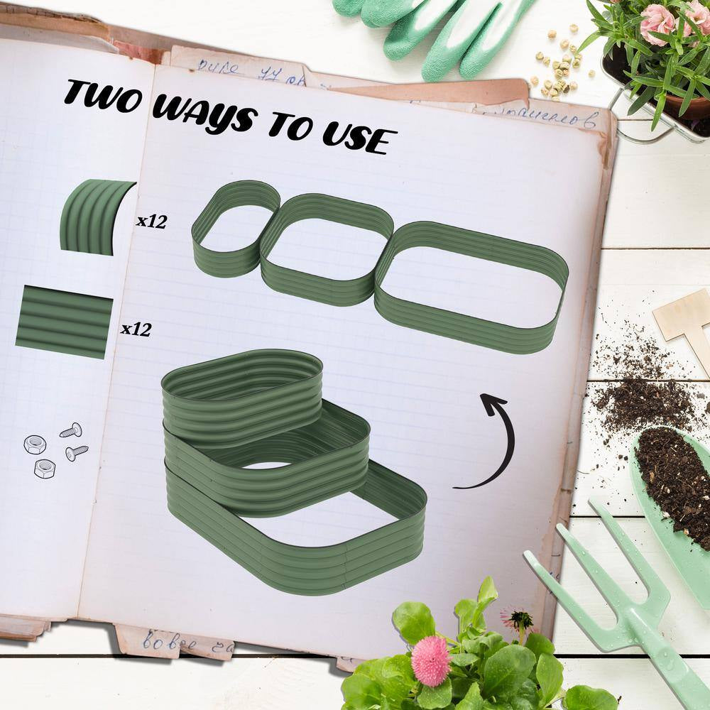 3-Tier Galvanized Steel Raised Garden Bed Kit, 3 Combining Planter Boxes, Open Bottom for Backyard, Green