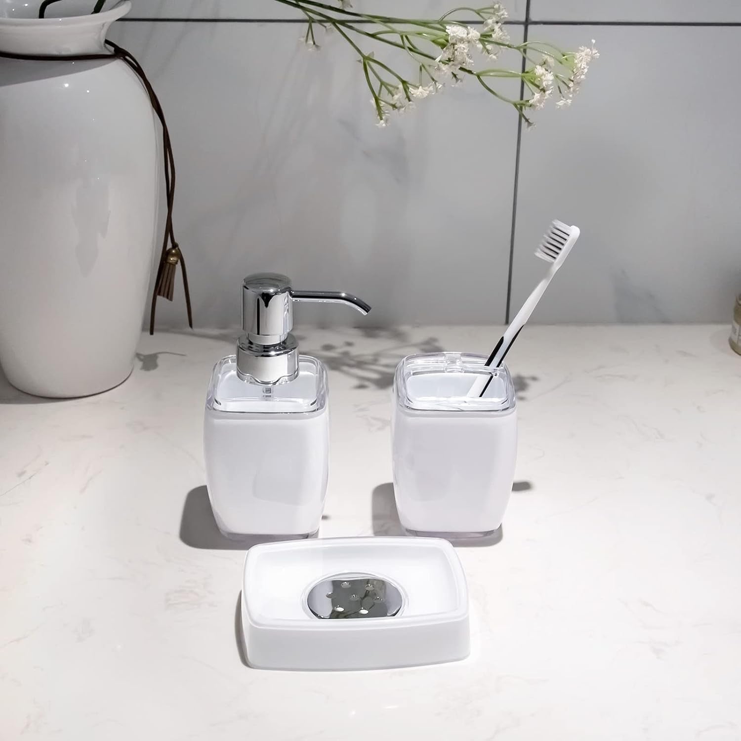 6 Pack White Acrylic Bathroom Accessories Set, Premium Acrylic Bathroom Set, White Toothbrush Holder Set