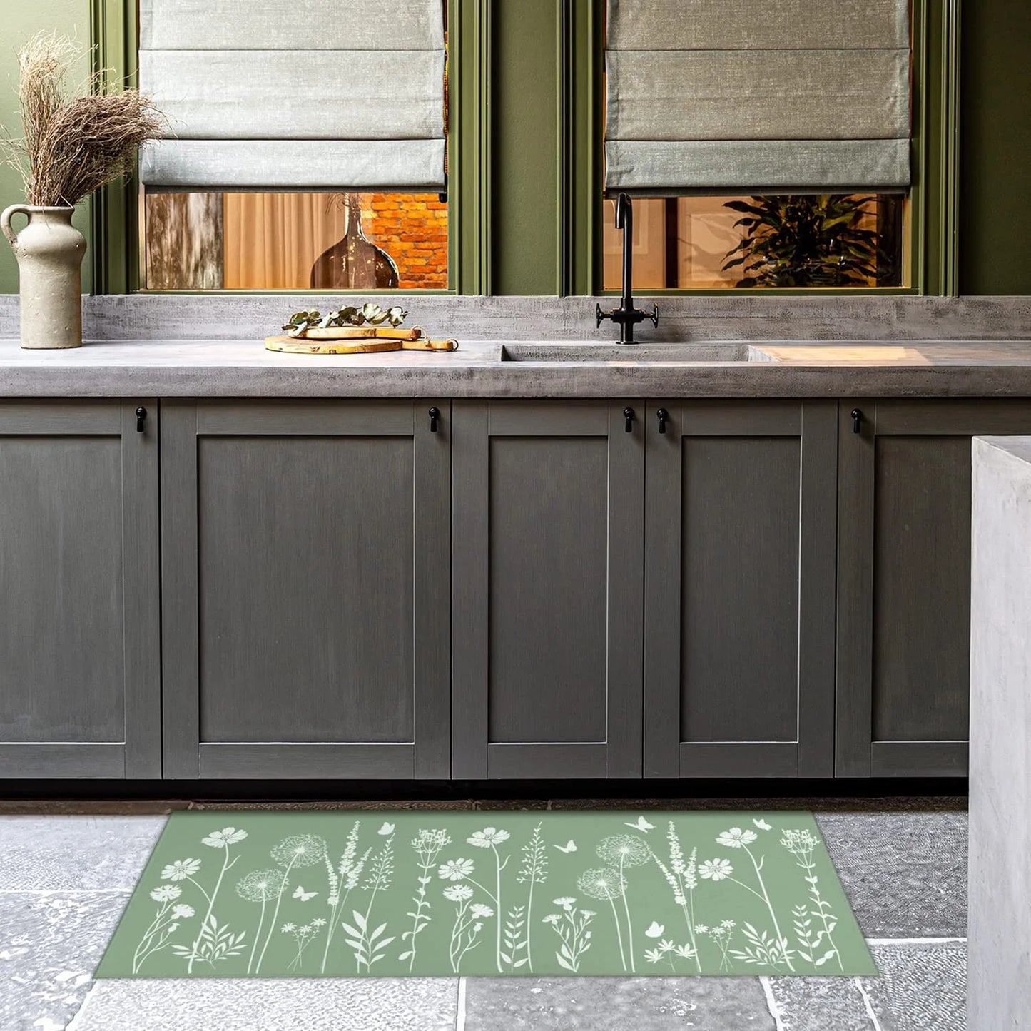 Sage Green Kitchen Mat Rug Set of 2- Plant Floral Butterfly Kitchen Rugs with Runner Kitchen Decor Accessories Things- Leaves Rugs for Home Kitchen Large- 17X24 and 17X48 Inch