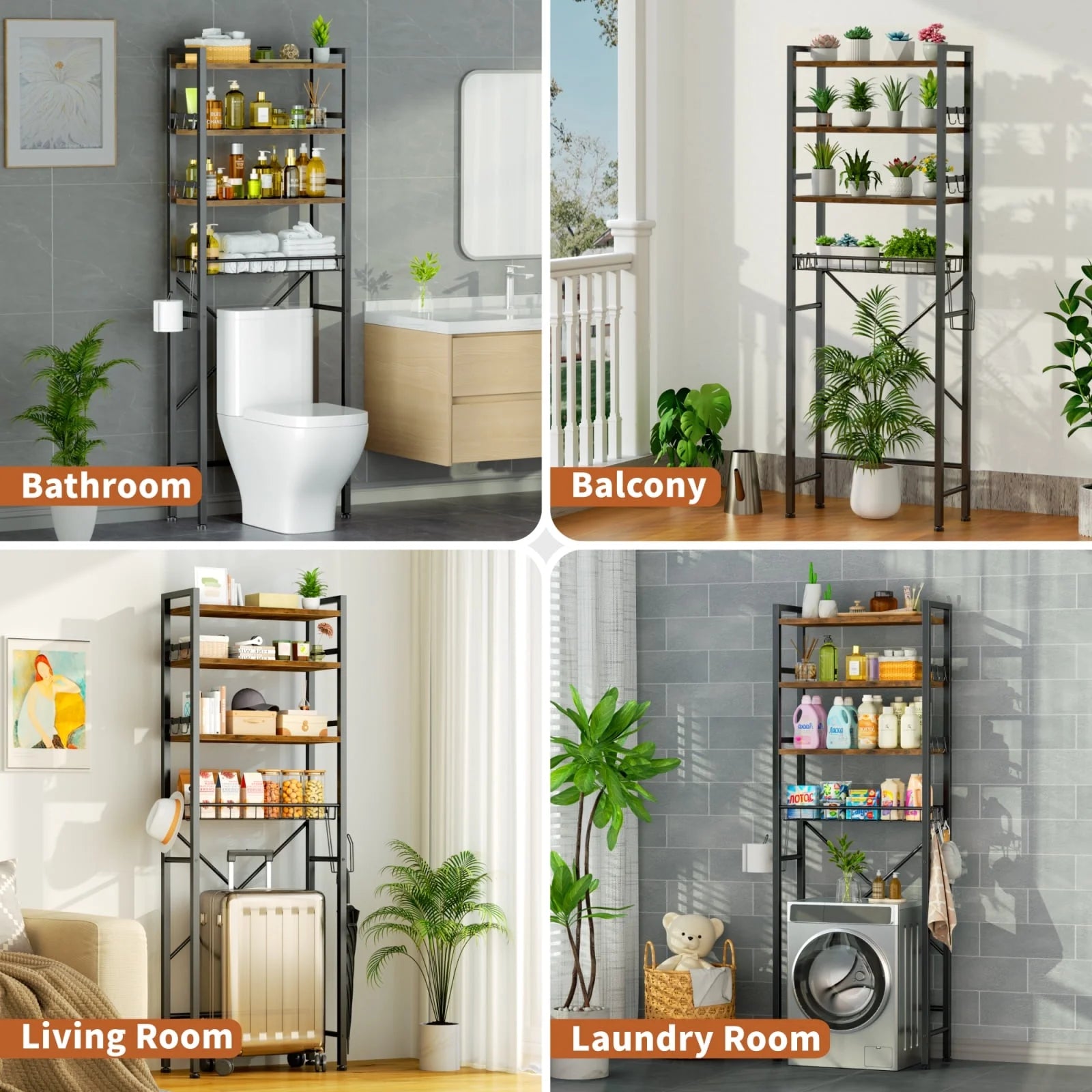 Rustic Brown 4-Tier Over-the-Toilet Storage Rack – Adjustable Shelves, 9 Hooks & Toilet Paper Holder