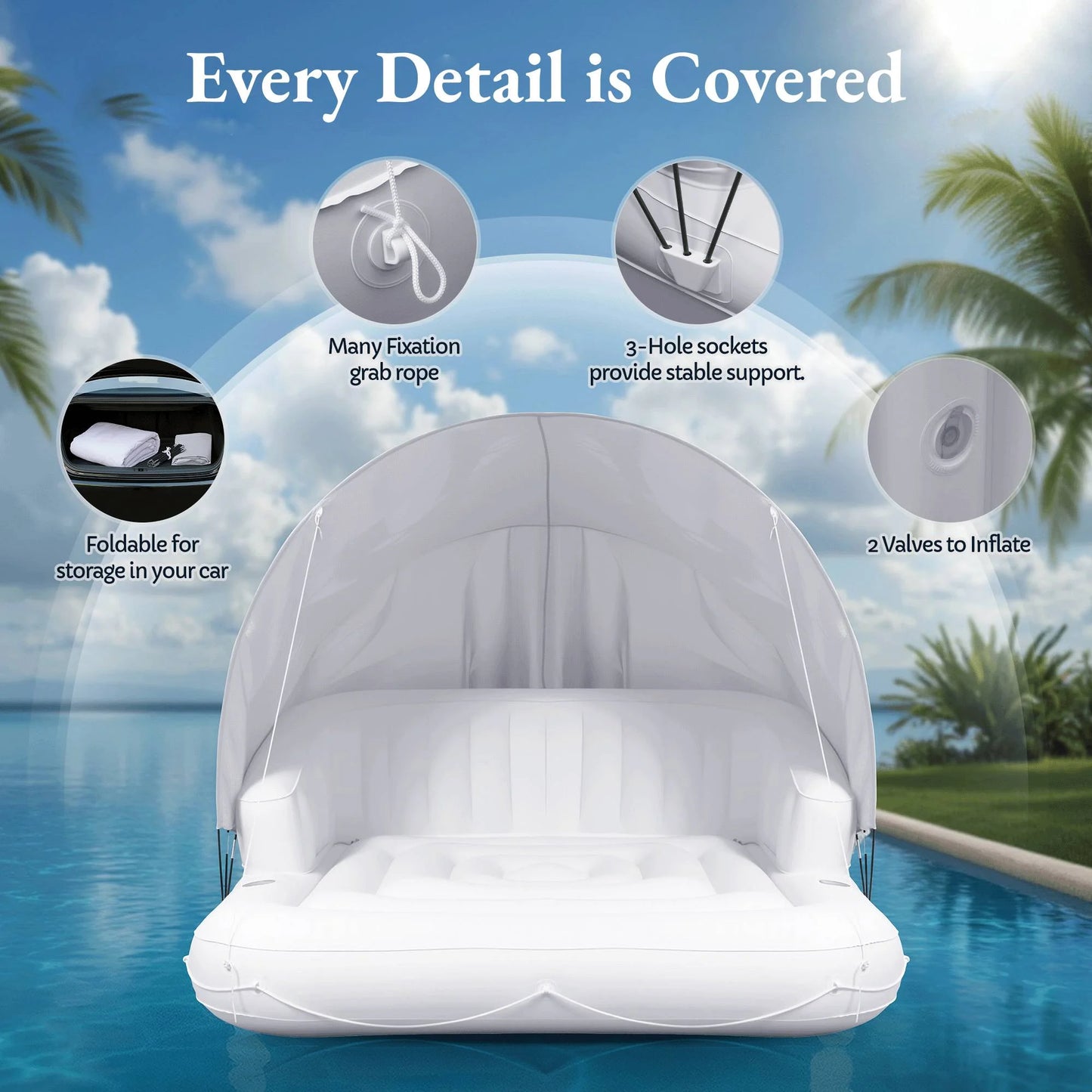 Inflatable Tanning Pool Float 70" – 2 Person with Canopy & Drink Holders