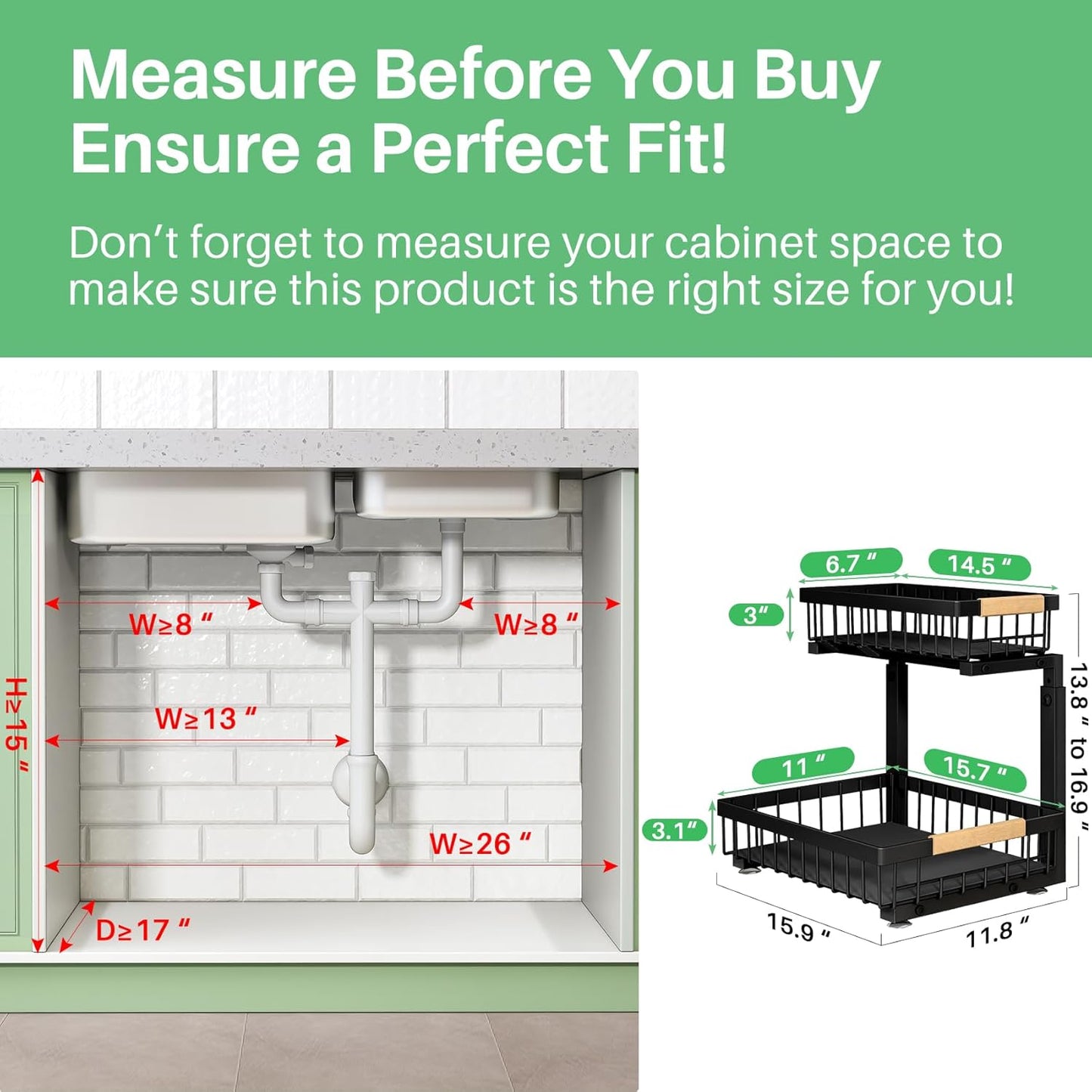 Under Sink Cabinet Organizer – 2-Tier Sliding Drawer, Black, 2 Pack