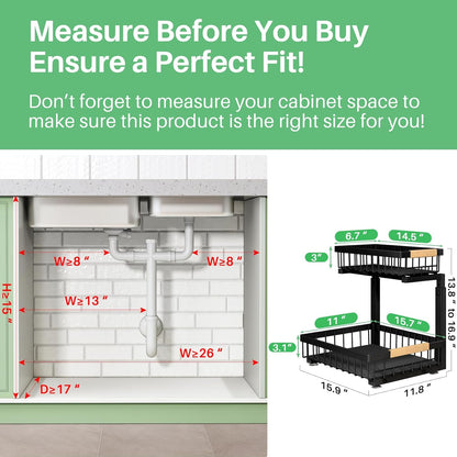 Under Sink Cabinet Organizer – 2-Tier Sliding Drawer, Black, 2 Pack