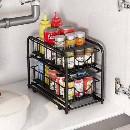 2-Tier Pull-Out Cabinet Organizer – Stackable Sliding Drawer, Black