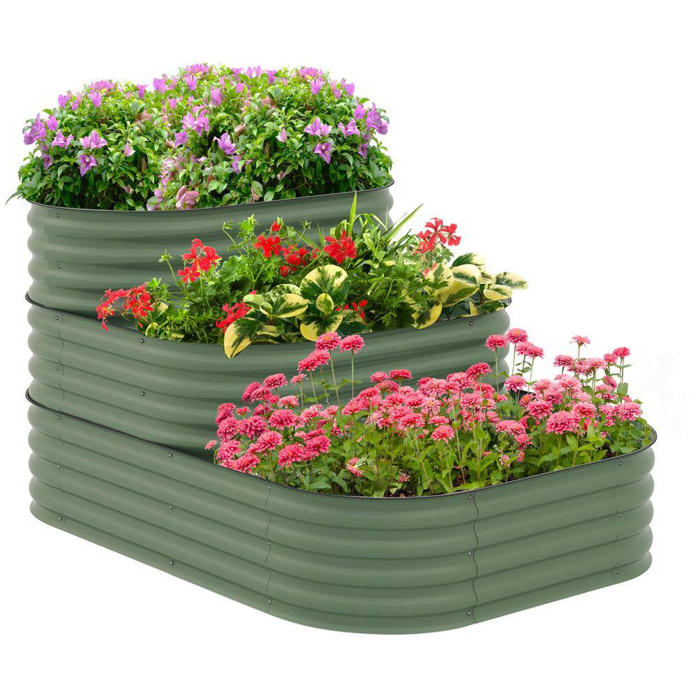3-Tier Galvanized Steel Raised Garden Bed Kit, 3 Combining Planter Boxes, Open Bottom for Backyard, Green