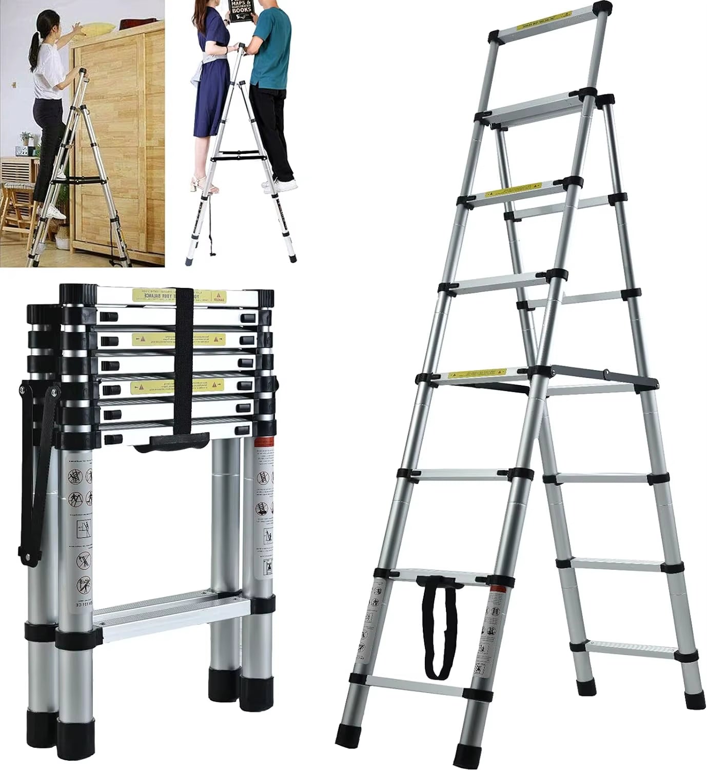 6+7 Step Telescopic Aluminum Extension Ladder – A-Frame Multi-Purpose Folding Ladder, Anti-Slip, 150kg Capacity
