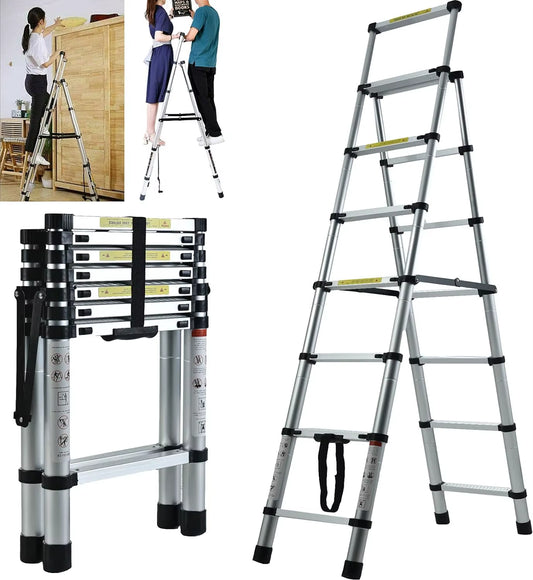 6+7 Step Telescopic Aluminum Extension Ladder – A-Frame Multi-Purpose Folding Ladder, Anti-Slip, 150kg Capacity