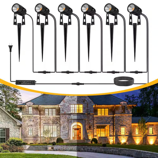 IP66 Waterproof 25W LED Landscape Flood Lights – 3000K Warm White Plug-In Outdoor Spotlights, Dusk-to-Dawn, 6-Pack