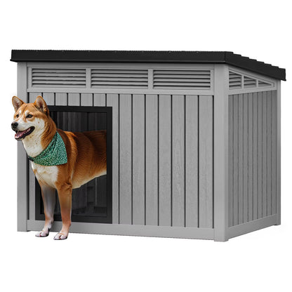 Gray Plastic Dog House with Lift-Off Roof – Outdoor & Indoor Kennel with Ventilation for Small to Medium Dogs
