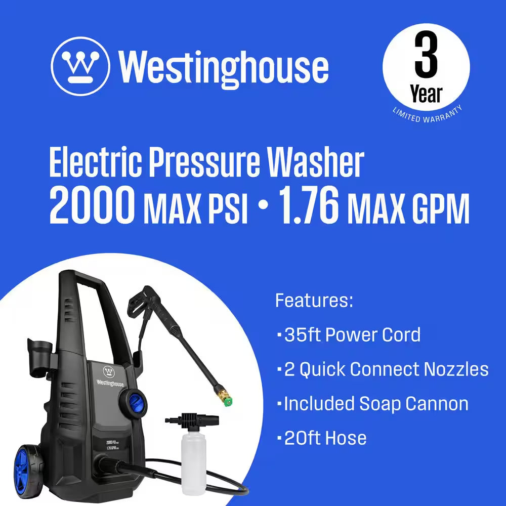 2000 Max PSI 1.76 Max GPM Cold Water Electric Powered Pressure Washer W/Anti-Tipping Technology and 2-Quick Connect Tips