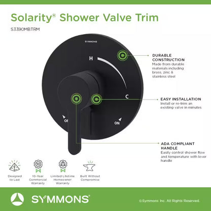 Solarity Single Handle Shower Valve Trim Kit – Stylish Wall Mounted Bathroom Fixture (Valve Not Included)