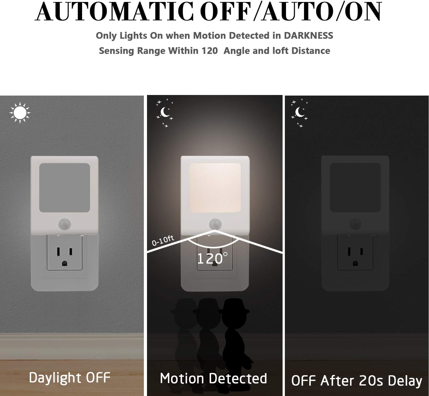 3-Pack Motion Sensor Dimmable LED Night Lights – Plug-In, Dusk to Dawn, Warm White