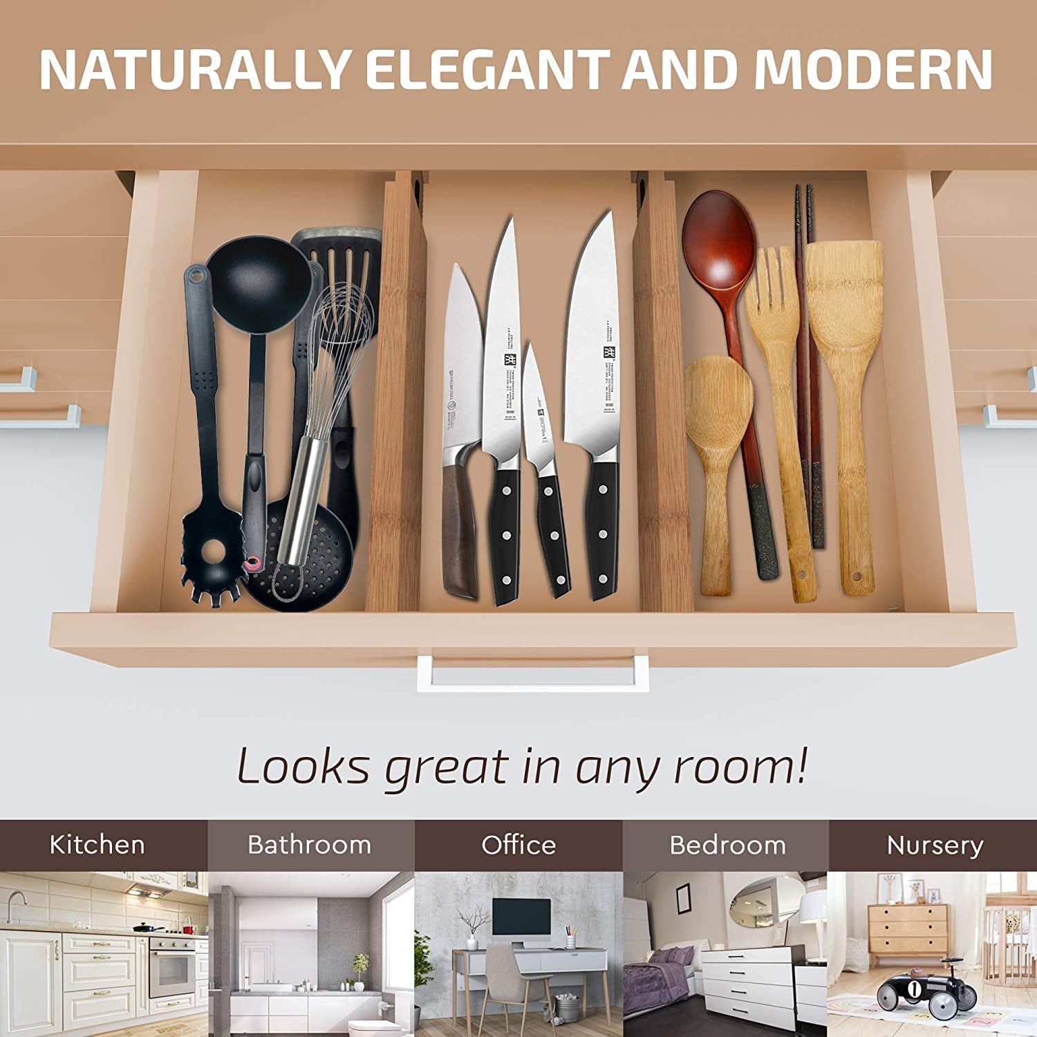 6 Bamboo Drawer Organizers – Expandable Divider Set for Kitchen