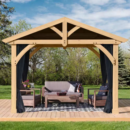 DIY Carolina 11' X 13' Cedar Wood Outdoor Patio Gazebo Kit with Hardtop Metal Roof & UV-Resistant Phifer Mesh