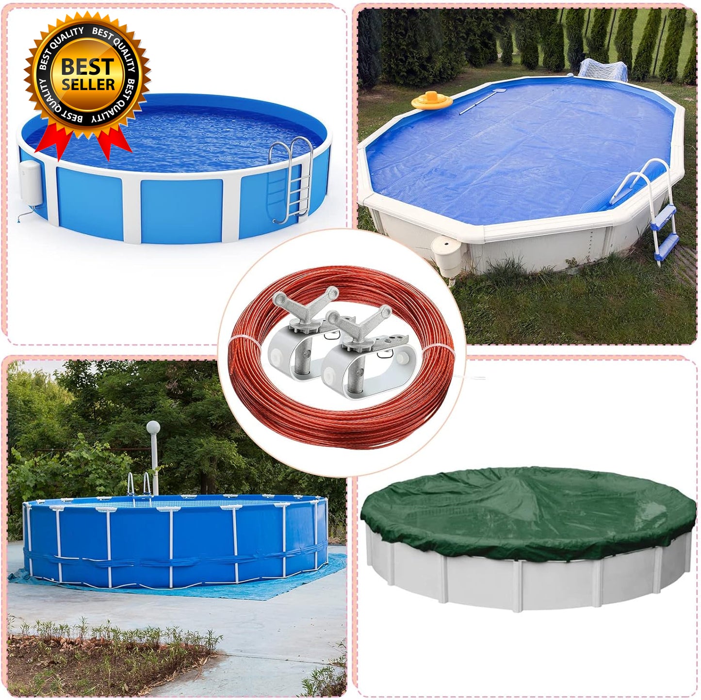 2-Piece Swimming Pool Cover Winch & Cable Kit – 4-Piece Pool Cover Cable Set
