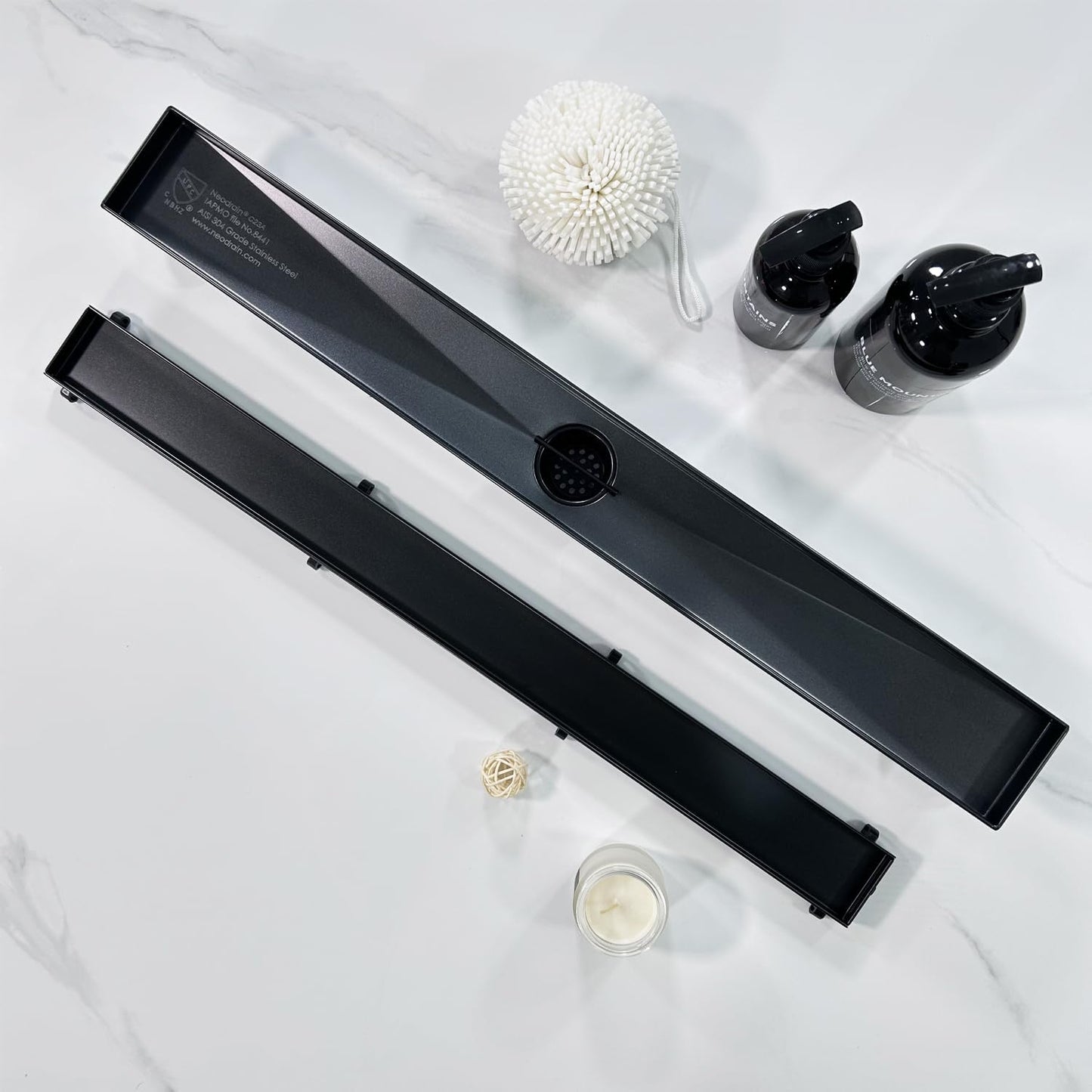 24-Inch Linear Shower Drain,With 2-In-1 Flat & Tile Insert Shiny Black Cover, Rectangle Shower Floor Drain, Floor Shower Drain with Adjustable Leveling Feet, Hair Strainer