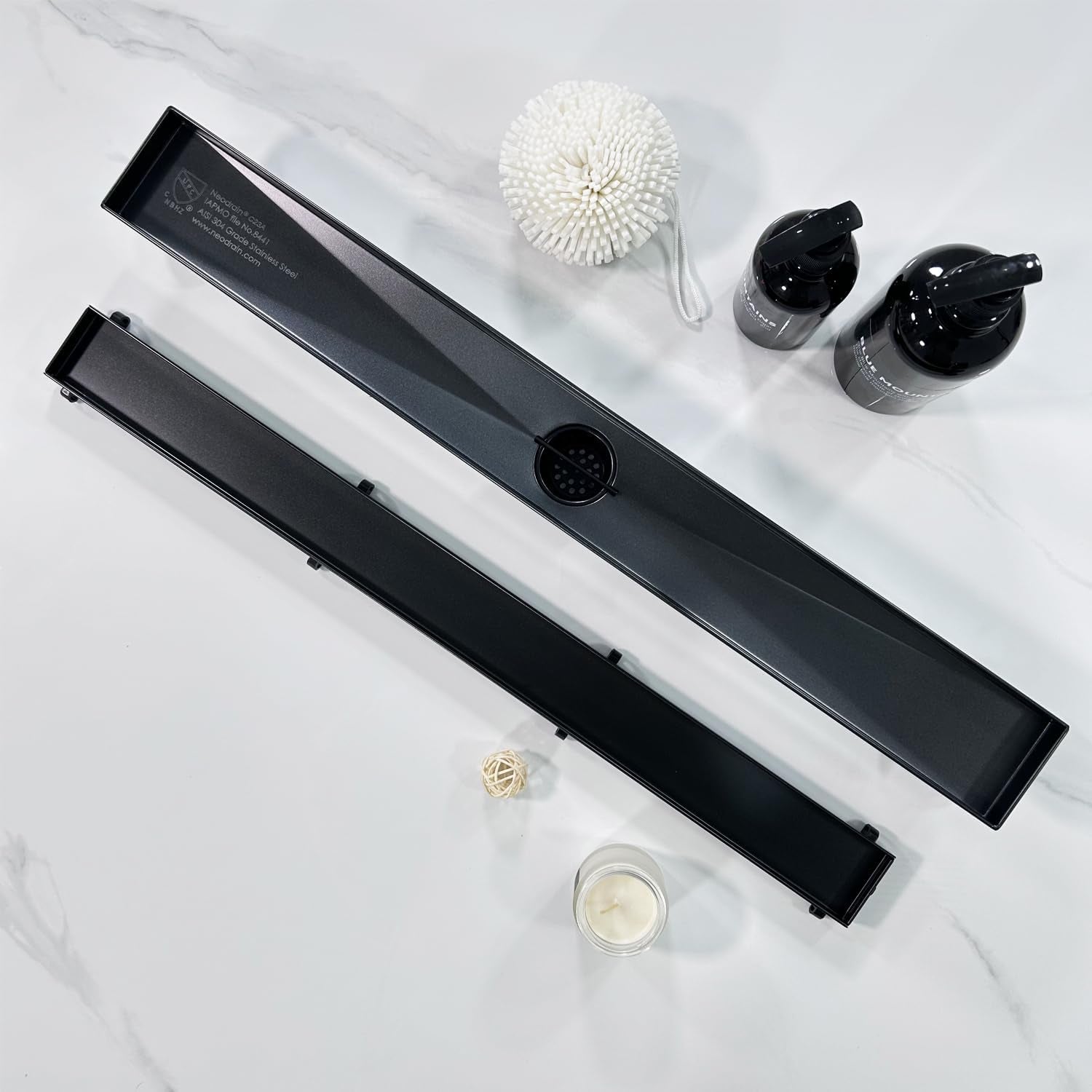 24-Inch Linear Shower Drain,With 2-In-1 Flat & Tile Insert Shiny Black Cover, Rectangle Shower Floor Drain, Floor Shower Drain with Adjustable Leveling Feet, Hair Strainer