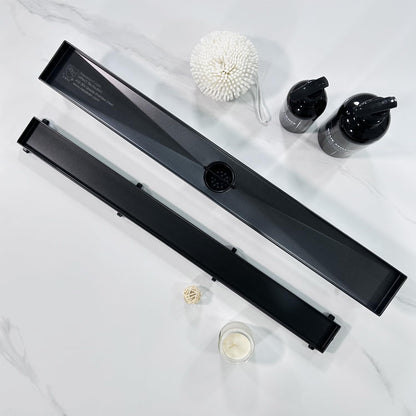 24-Inch Linear Shower Drain,With 2-In-1 Flat & Tile Insert Shiny Black Cover, Rectangle Shower Floor Drain, Floor Shower Drain with Adjustable Leveling Feet, Hair Strainer