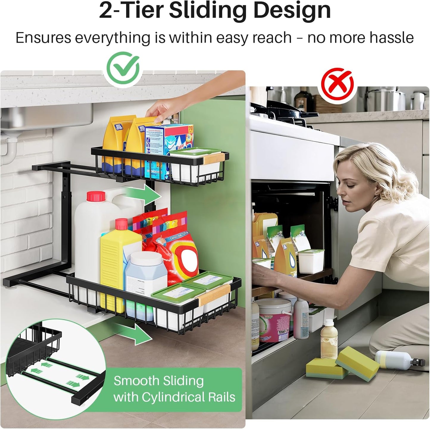 Under Sink Cabinet Organizer – 2-Tier Sliding Drawer, Black, 2 Pack