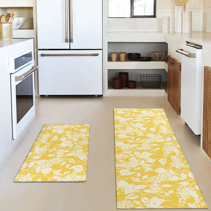 Yellow Kitchen Rug Mat Set of 2 Spring Flowers Floral Kitchen Rugs Washable Kitchen Floor Mats Non-Slip Yellow Kitchen Decor