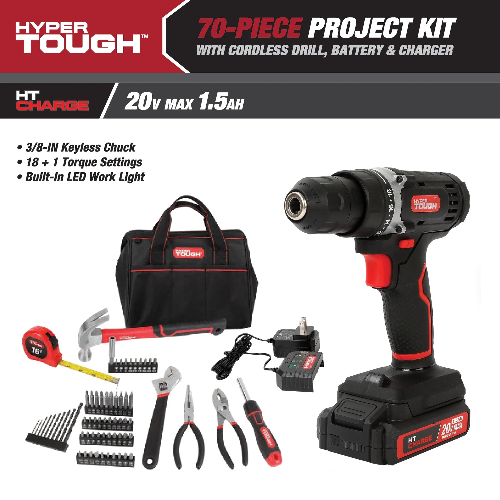 Cordless 20V Drill Project Kit – 70-Piece Set with Battery & Charger