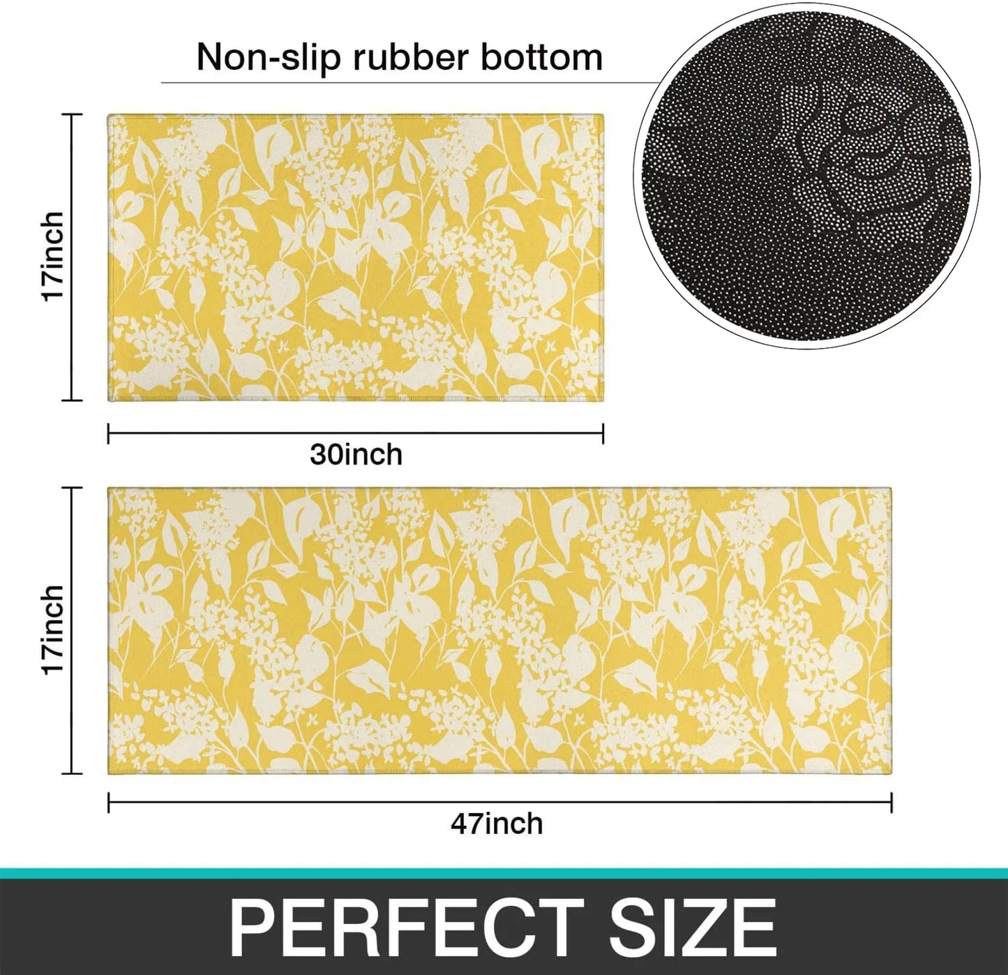 Yellow Kitchen Rug Mat Set of 2 Spring Flowers Floral Kitchen Rugs Washable Kitchen Floor Mats Non-Slip Yellow Kitchen Decor