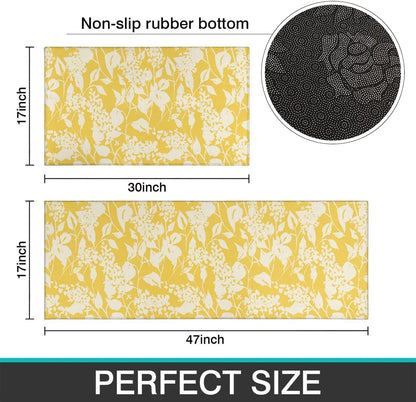 Yellow Kitchen Rug Mat Set of 2 Spring Flowers Floral Kitchen Rugs Washable Kitchen Floor Mats Non-Slip Yellow Kitchen Decor