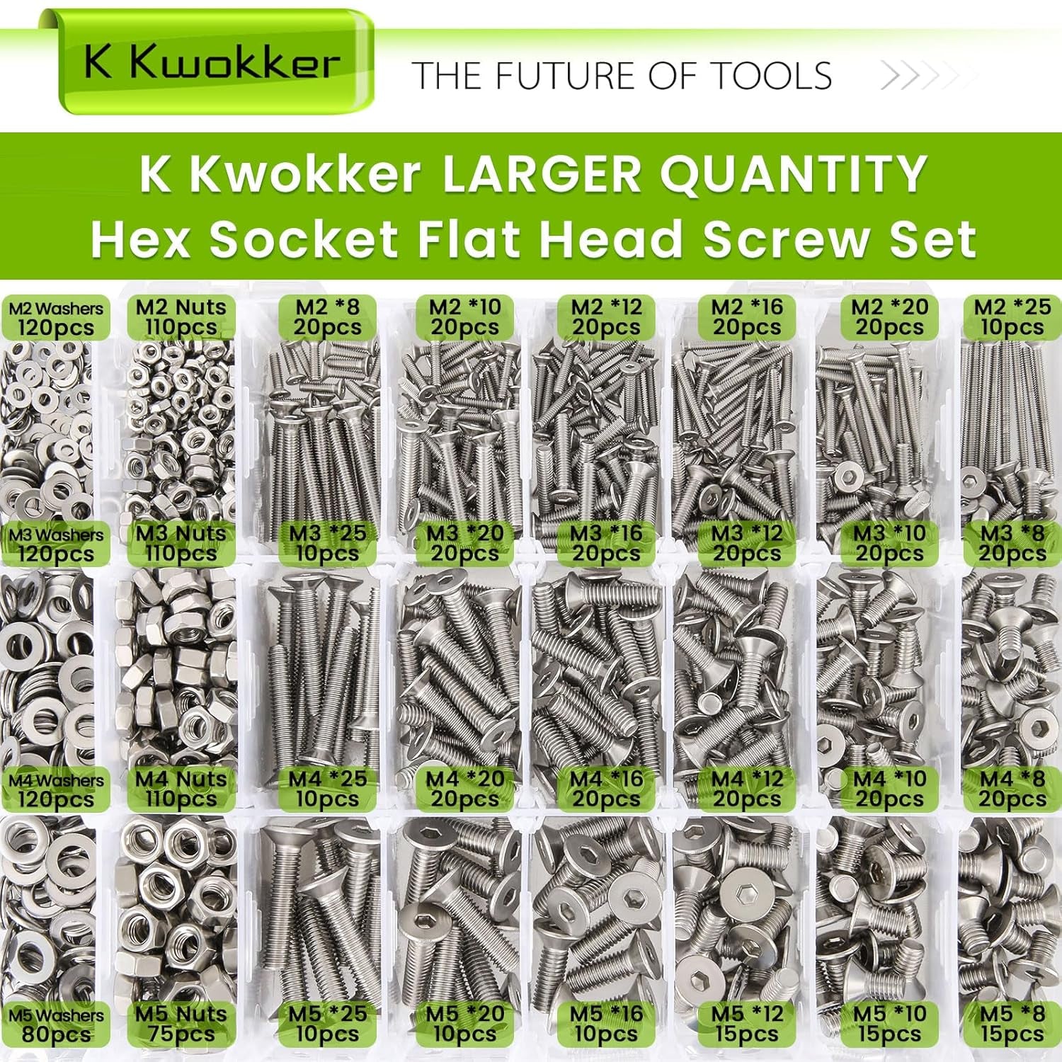 24-Size M2–M5 Hex Socket Flat Head Screw & Nut Kit – 304 Stainless Steel, 8mm–25mm