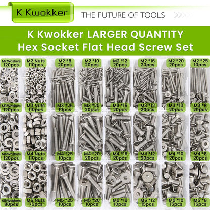 24-Size M2–M5 Hex Socket Flat Head Screw & Nut Kit – 304 Stainless Steel, 8mm–25mm