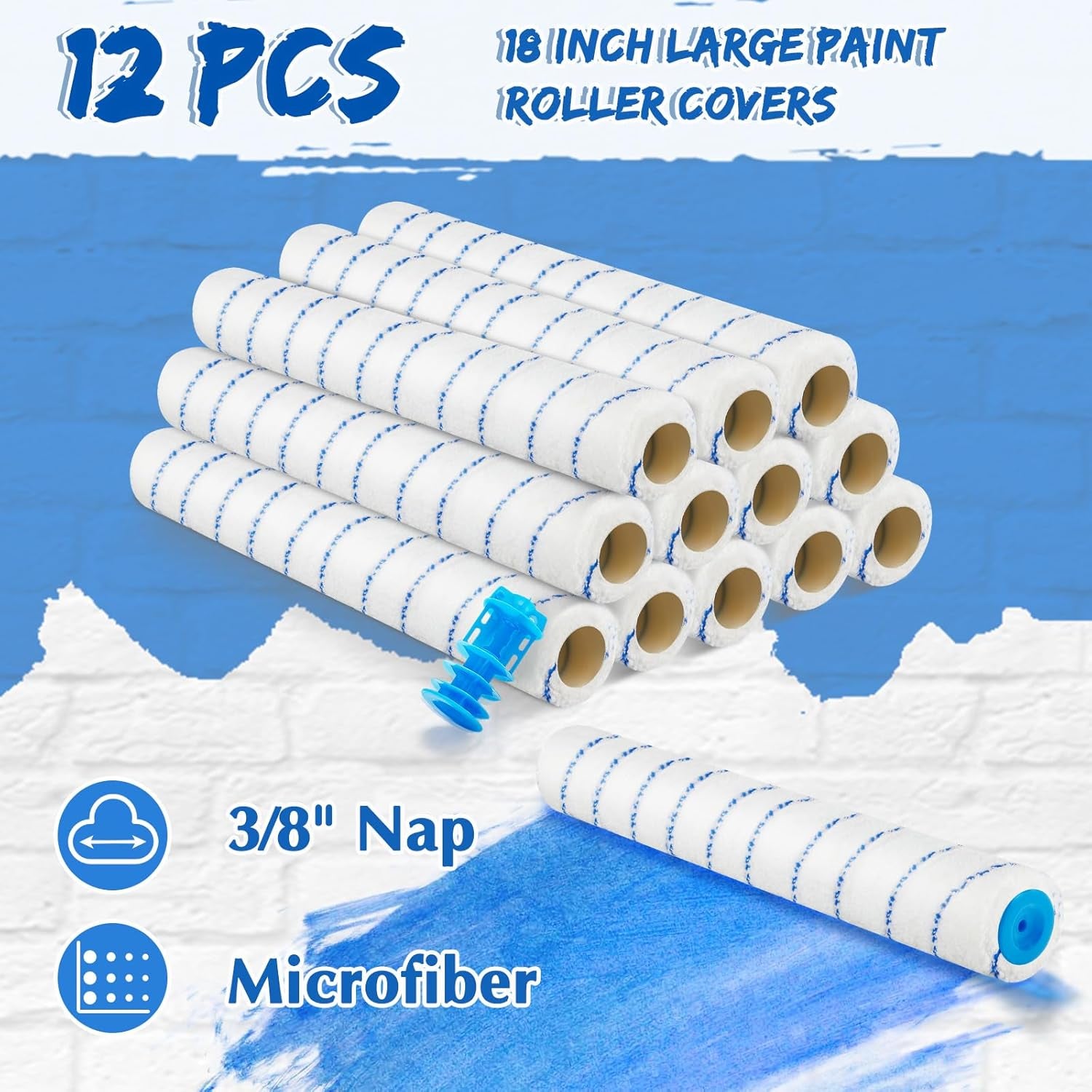 12-Pack 18 Inch Paint Roller Covers 3/8" Nap Microfiber Rollers for Large Surfaces