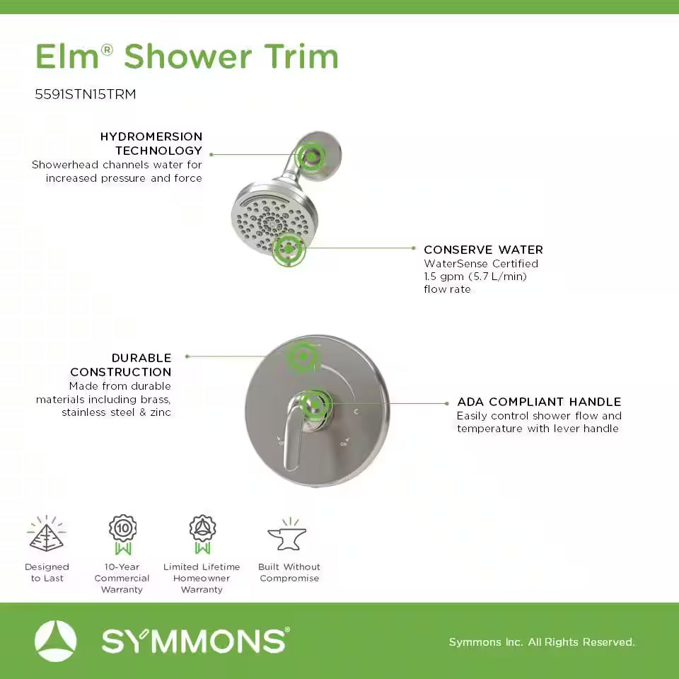 Elm Satin Nickel Shower Trim Kit – Single Handle, Wall Mount, 1.5 GPM, Valve Not Included