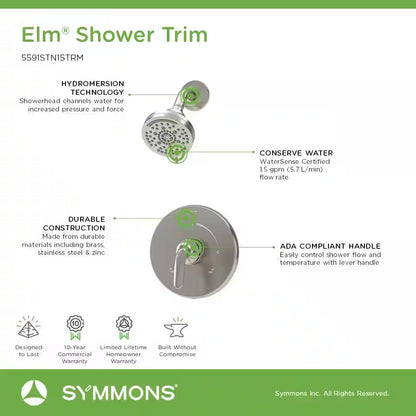 Elm Satin Nickel Shower Trim Kit – Single Handle, Wall Mount, 1.5 GPM, Valve Not Included