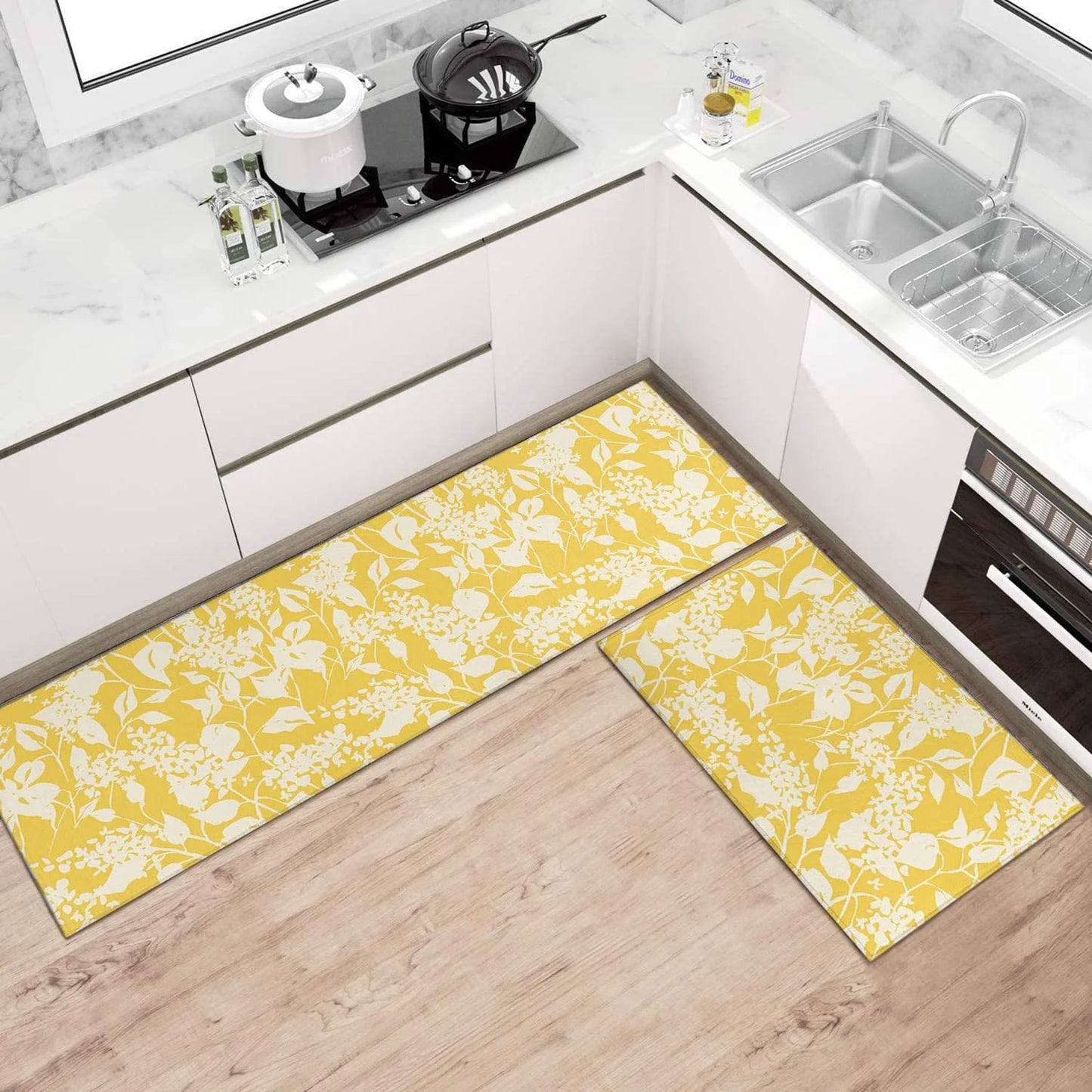 Yellow Kitchen Rug Mat Set of 2 Spring Flowers Floral Kitchen Rugs Washable Kitchen Floor Mats Non-Slip Yellow Kitchen Decor