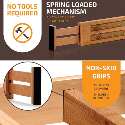 6 Bamboo Drawer Organizers – Expandable Divider Set for Kitchen