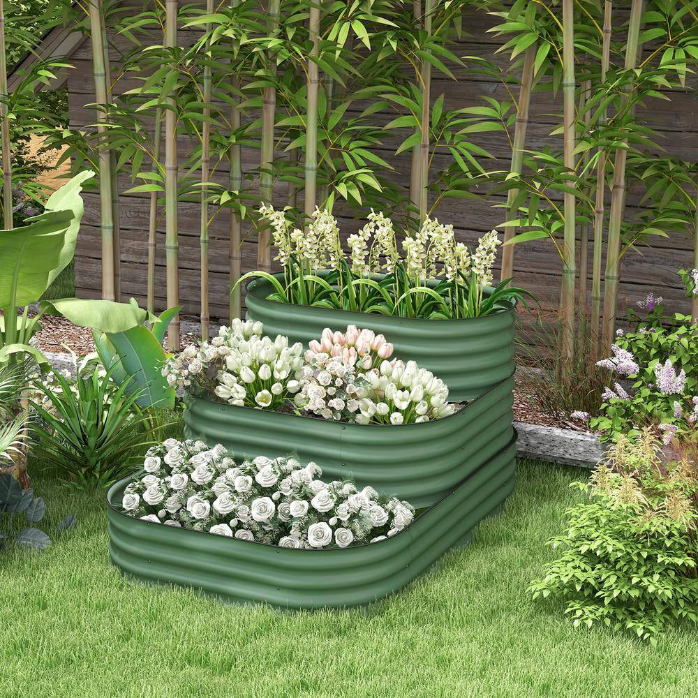 3-Tier Galvanized Steel Raised Garden Bed Kit, 3 Combining Planter Boxes, Open Bottom for Backyard, Green