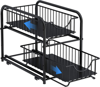 2-Tier Pull-Out Cabinet Organizer – Stackable Sliding Drawer, Black