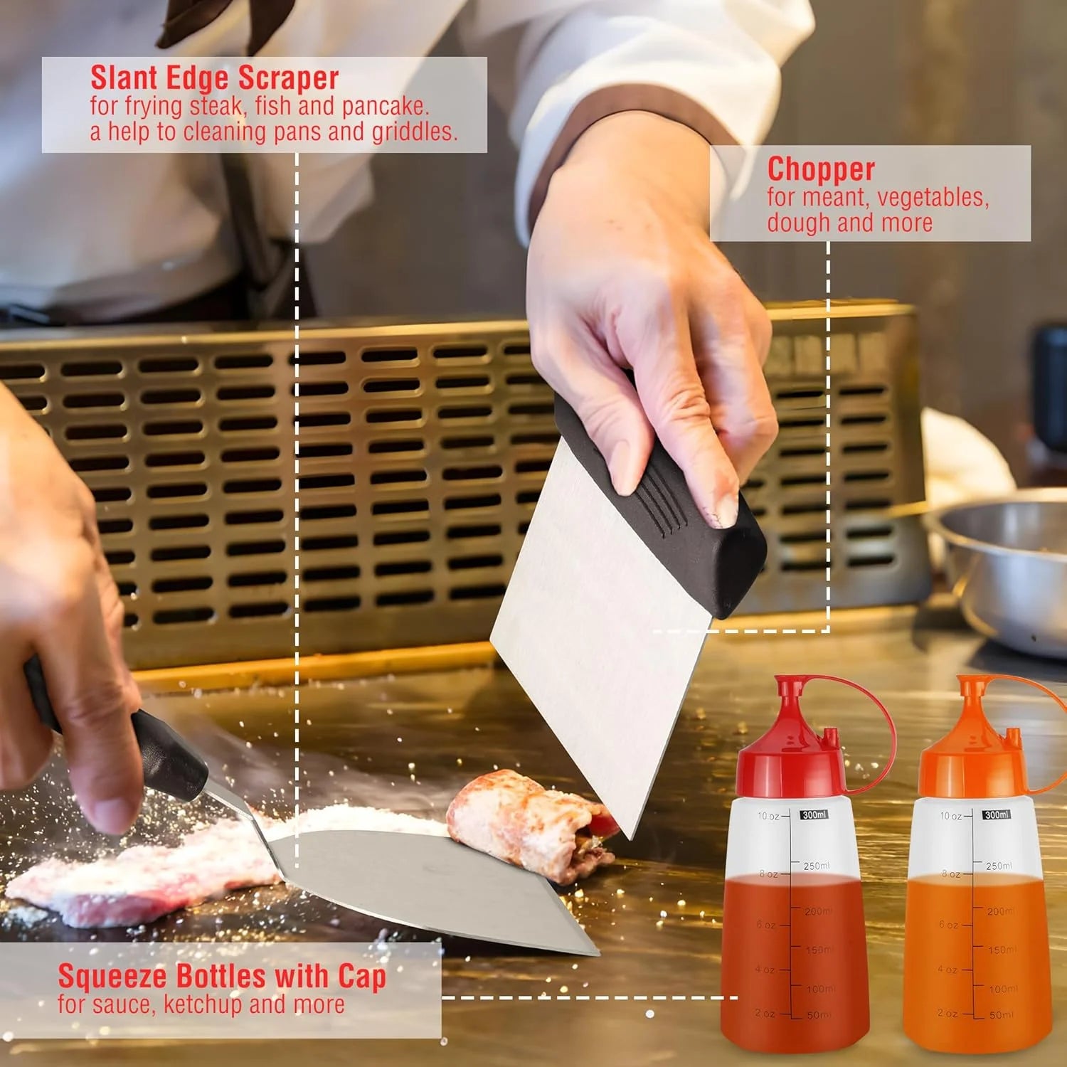 128 PCS Griddle Accessories Kit, Stainless Steel Grill Tool Set with Spatulas, Scrapers, Squeeze Bottles, Skewers, Outdoor BBQ Set for Men Women Dad