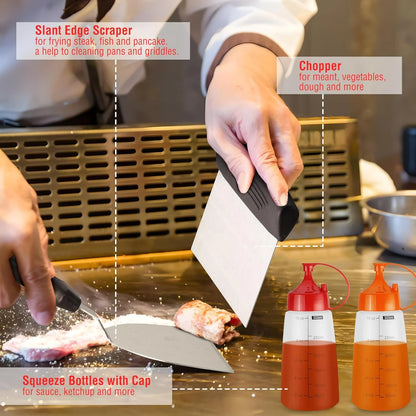 128 PCS Griddle Accessories Kit, Stainless Steel Grill Tool Set with Spatulas, Scrapers, Squeeze Bottles, Skewers, Outdoor BBQ Set for Men Women Dad