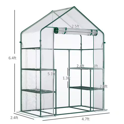 4.7 Ft x 2.4 Ft Walk-In Greenhouse – Portable Clear Gardening Crop Cage with 3-Tier Shelves & Roll-Up Door for Outdoor Plants