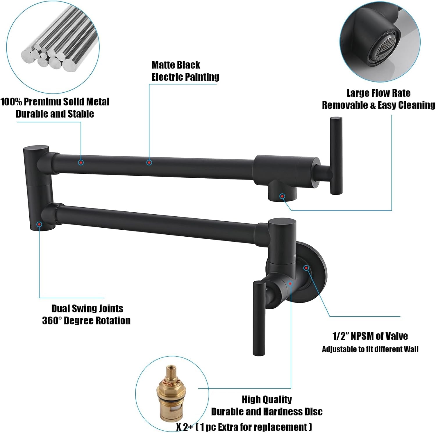 Matte Black Wall-Mount Pot Filler Faucet – Commercial Folding Style A