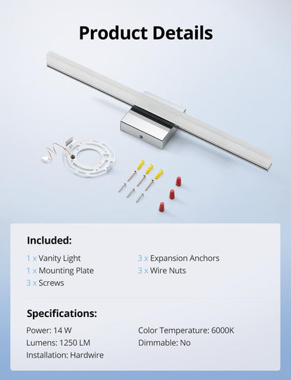 24-Inch LED Vanity Light Bar – 14W IP44 Bathroom Wall Sconce, Cool White 6000K