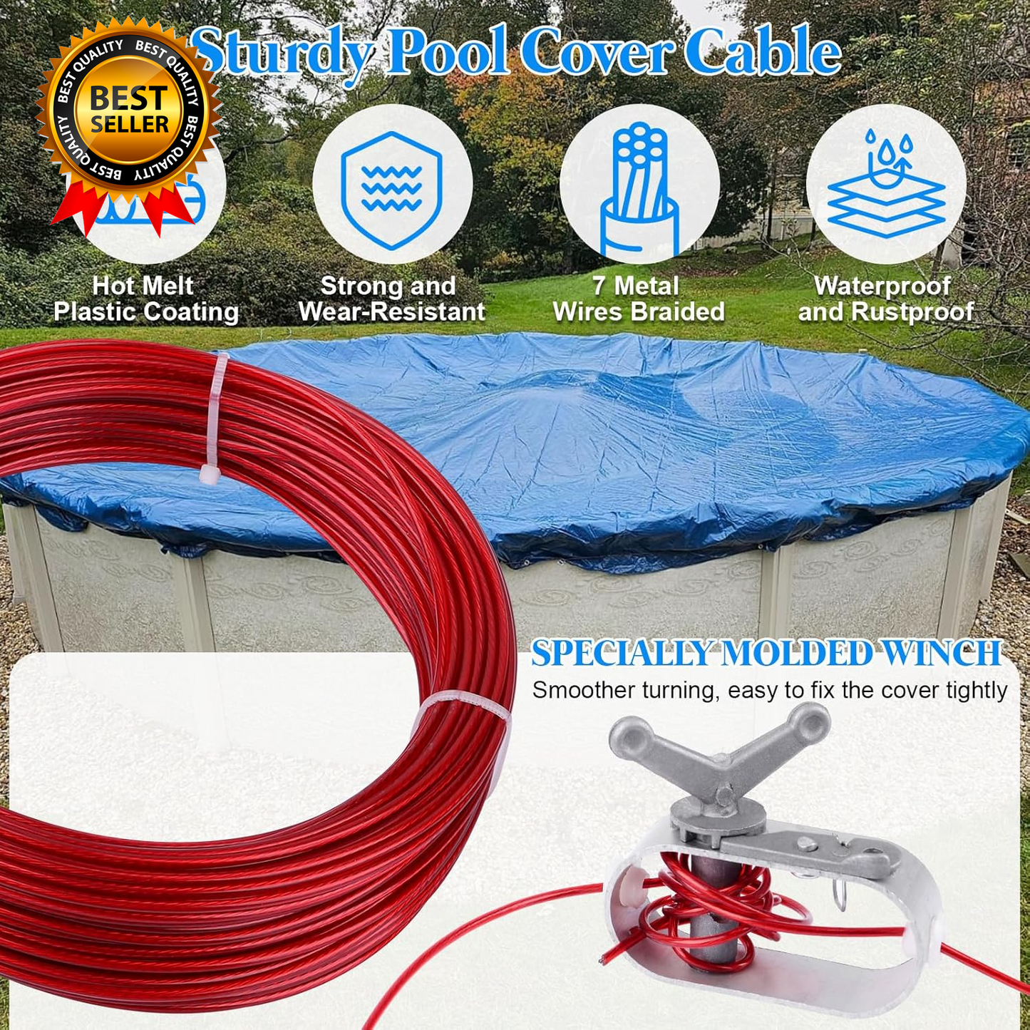 100Ft Pool Cover Winch & Cable Kit – Heavy-Duty Wire Ratchets for Winter Pool Protection